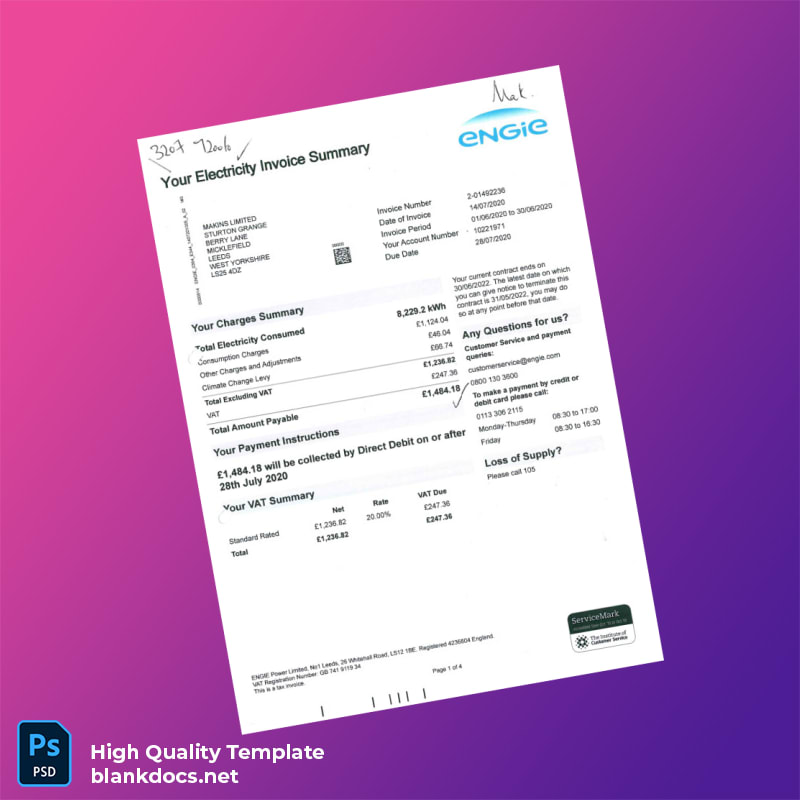 England ENGIE Power Limited Editable Utility Bill Template in Word and PDF formats