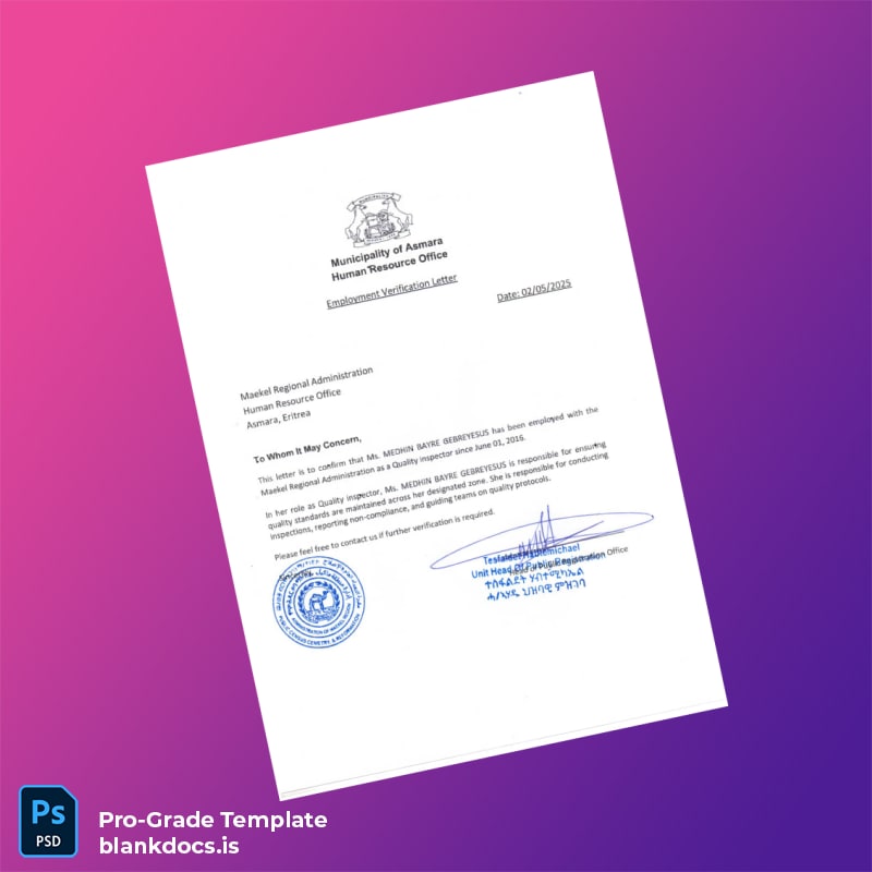 Blank Eritrea Maekel Regional Administration Employment Verification Letter Template (Word/PDF) Document Preview - BlankDocs