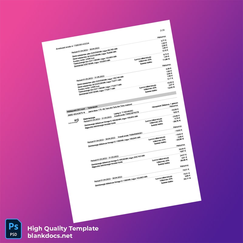 Estonia Eesti Energia Editable Utility Bill Template in Word and PDF formats page 3