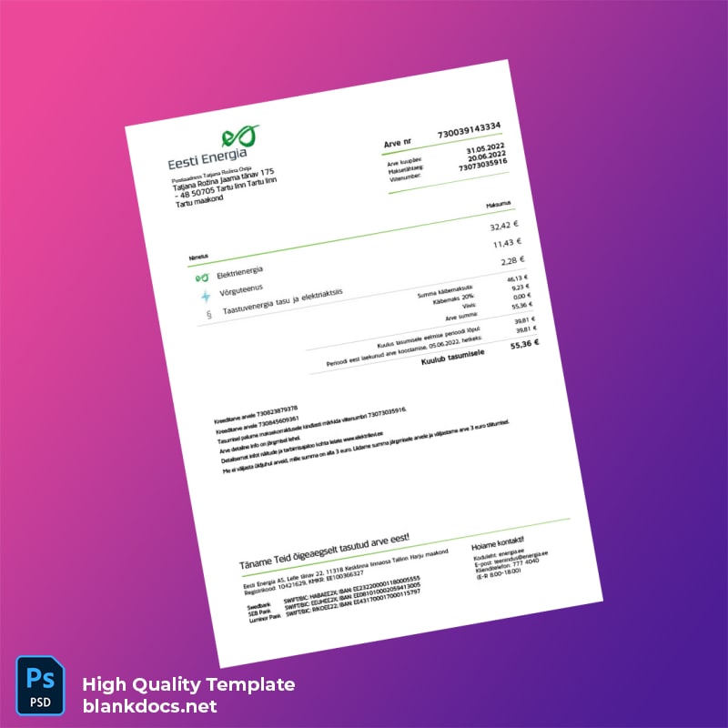 Estonia Eesti Energia Editable Utility Bill Template in Word and PDF formats