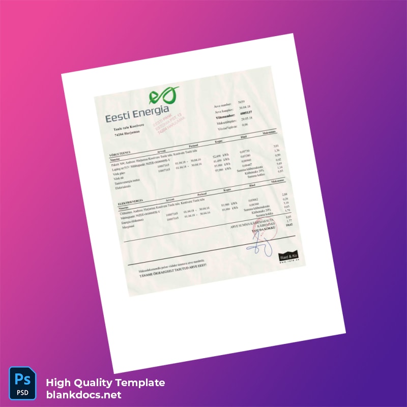 Estonia Raid Ko Editable Utility Bill Template in Word and PDF formats
