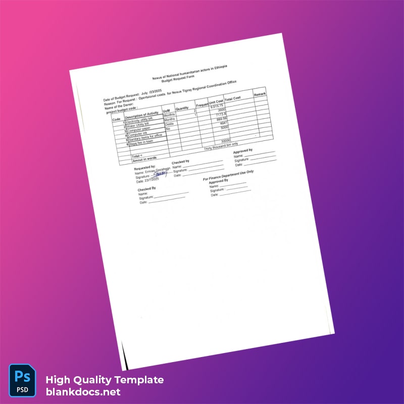 Ethiopia Nexus Tigray Regional Coordination Office Editable Operational Expenses Template in Word and PDF formats