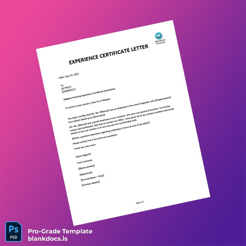 Blank Experience Certificate Template in Word and PDF formats page 2 Document Preview - BlankDocs