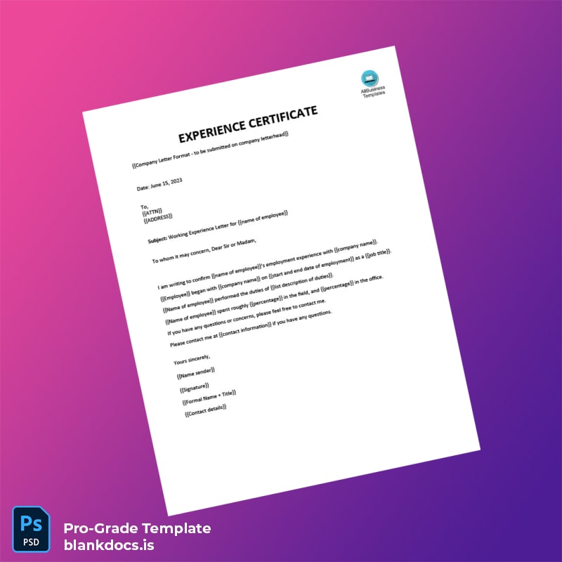 Blank Experience Certificate Template (Word/PDF) Document Preview - BlankDocs