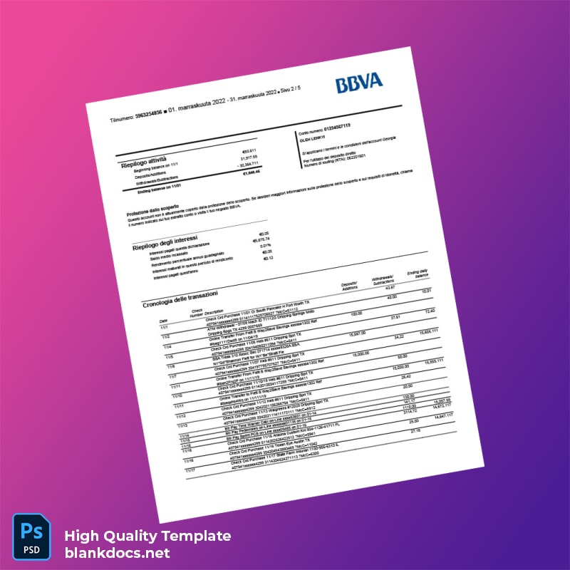 Finland BBVA Bank Statement Template in Word and PDF formats page 2