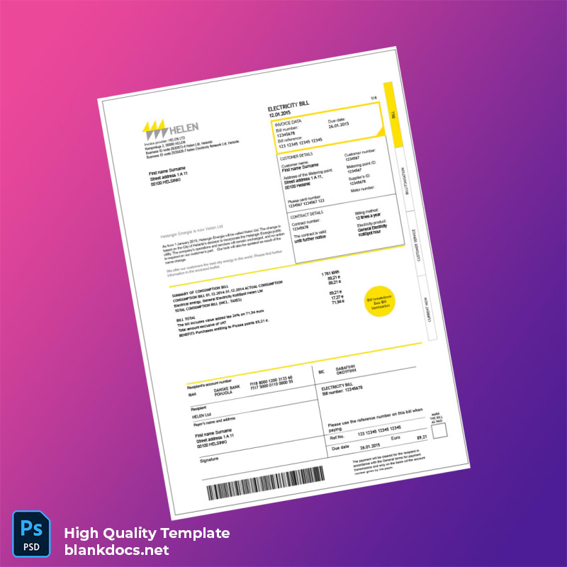 Finland Helen Ltd Editable Electricity Bill Template in Word and PDF formats