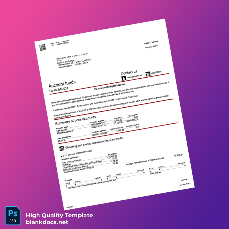 France BBT Bank Statement Template in Word and PDF formats