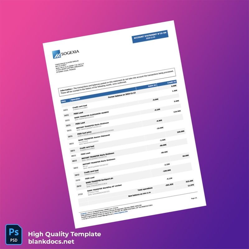 France Bank Statement Template in Word and PDF formats