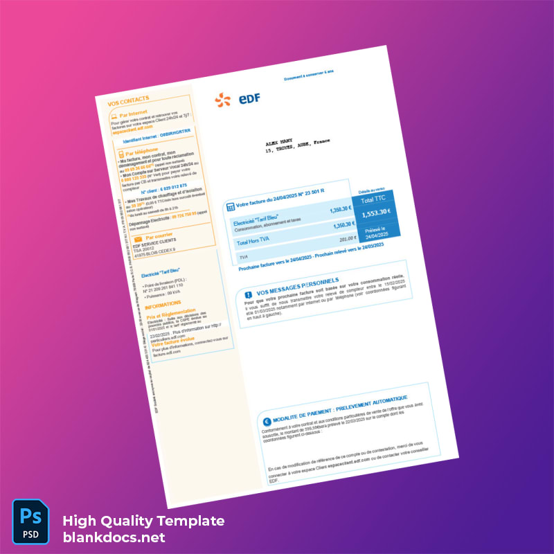 France EDF Editable Electricity Bill Template in Word and PDF formats