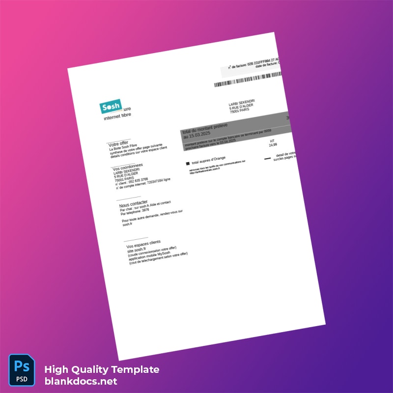France Sosh Editable Utility Bill Template in Word and PDF formats