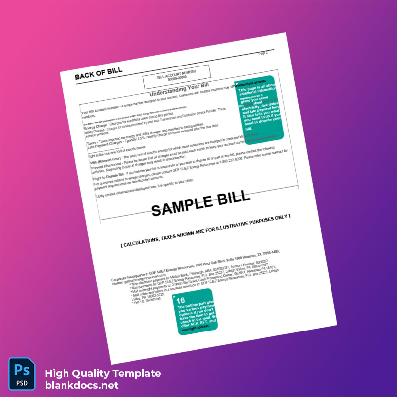 GDF SUEZ Energy Resources Editable Utility Bill Template in Word and PDF formats page 2
