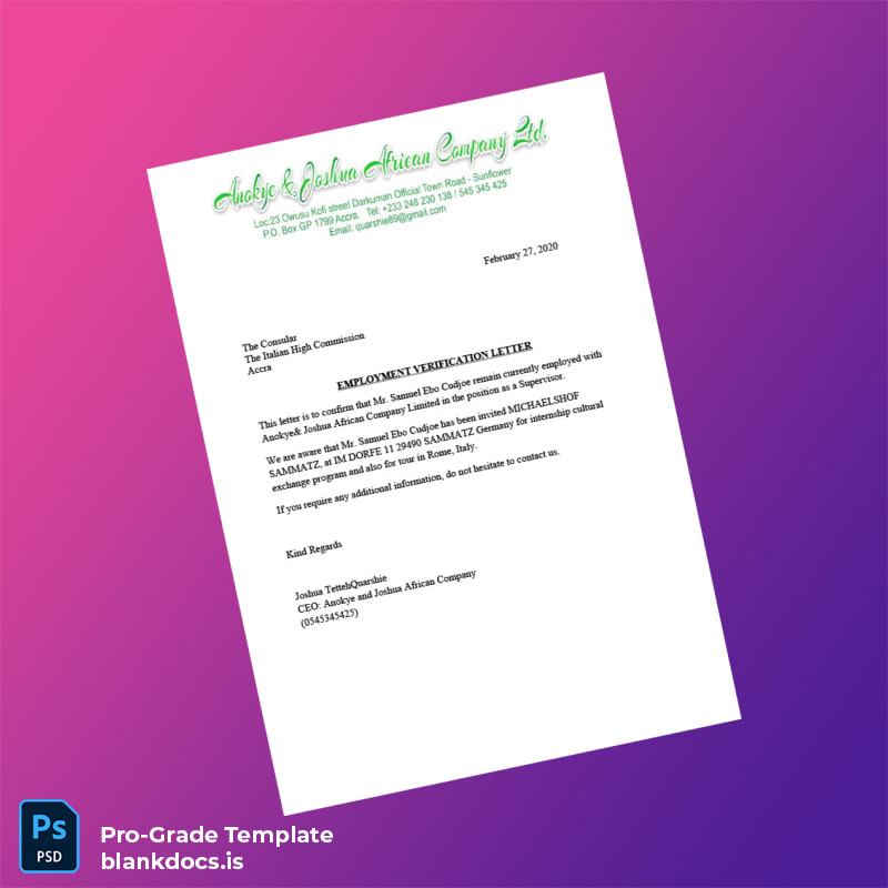 Blank Ghana Anokye Joshua African Company Limited Employment Verification Letter Template (Word/PDF) Document Preview - BlankDocs