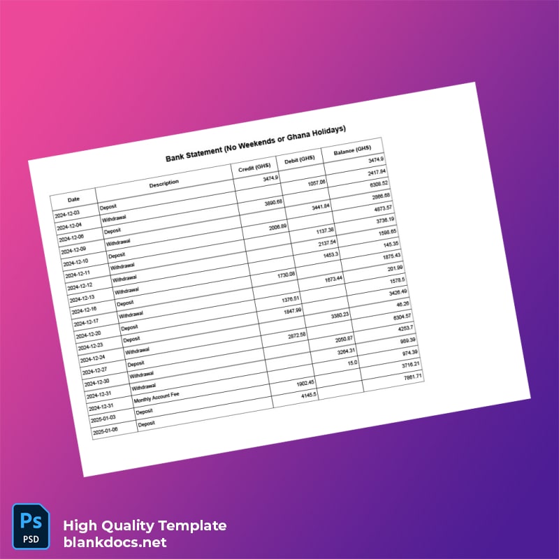 Ghana Bank Statement Template in Word and PDF formats