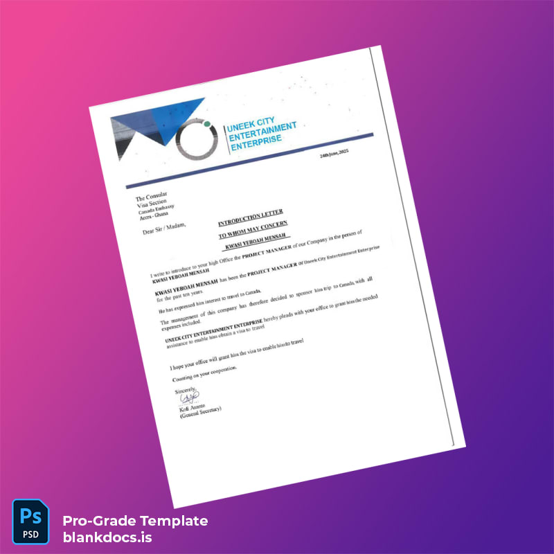 Blank Ghana UNDER CITY ENTERTAINMENT ENTERPRISE Employment Verification Letter Template in Word and PDF formats page 2 Document Preview - BlankDocs