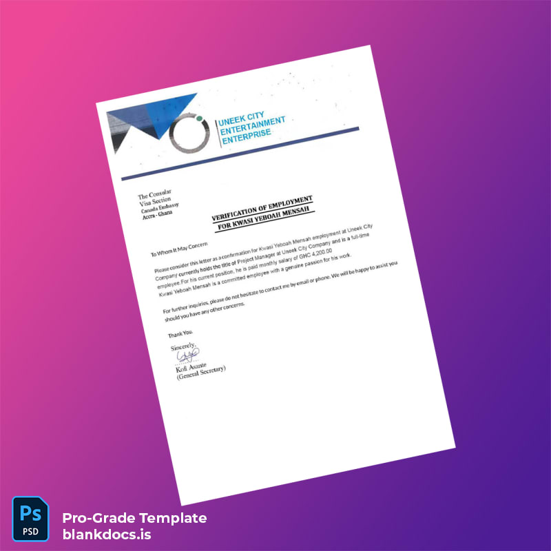 Blank Ghana UNDER CITY ENTERTAINMENT ENTERPRISE Employment Verification Letter Template (Word/PDF) Document Preview - BlankDocs