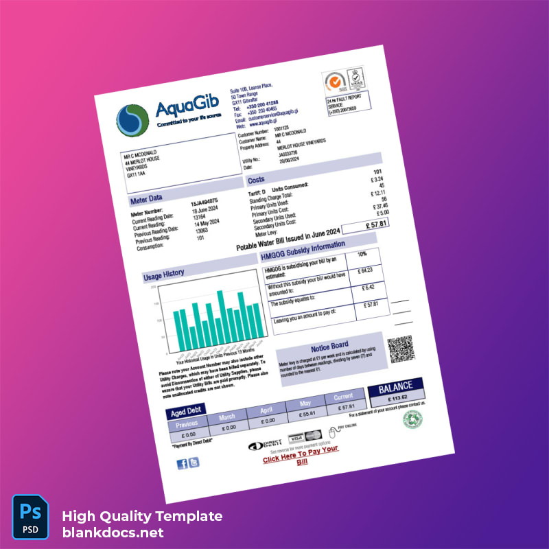 HMGoG Water Authority Editable Sales Bill Template in Word and PDF formats