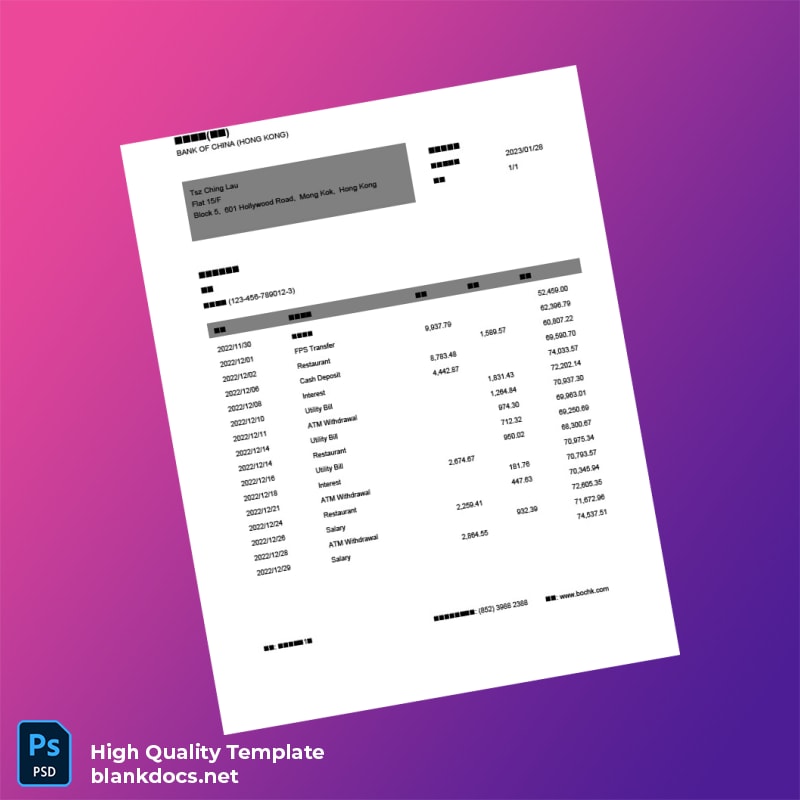Hong Kong Bank Of China Hong Kong Editable Bank Statement Template in Word and PDF formats