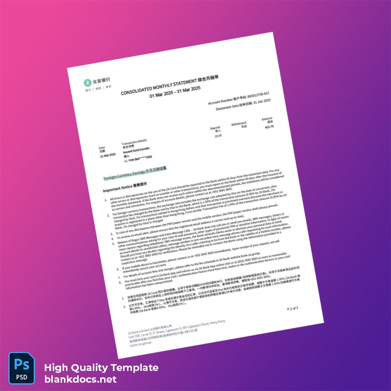 Hong Kong ZA Bank Statement Template in Word and PDF formats page 2