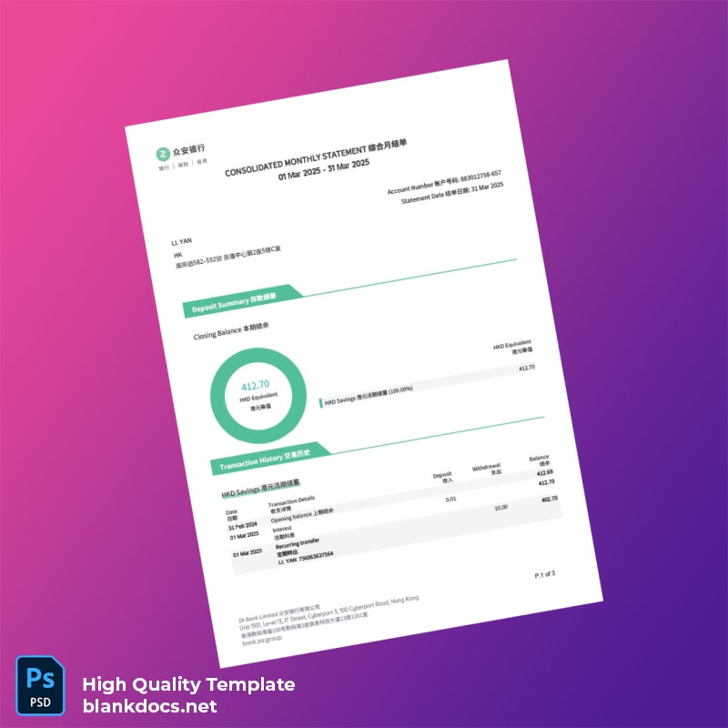 Hong Kong ZA Bank Statement Template in Word and PDF formats