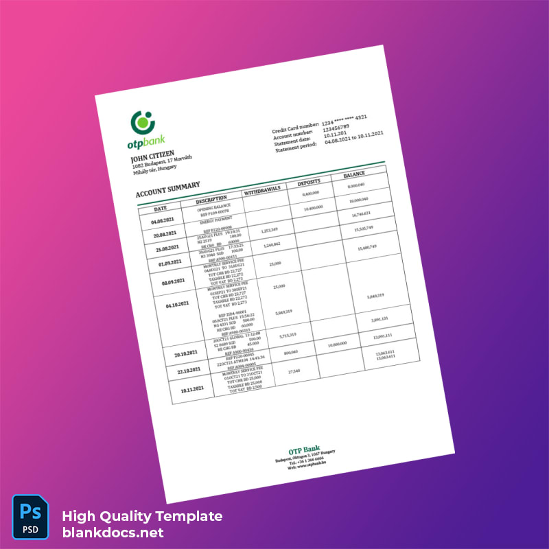 Hungary OTP Bank Statement Template in Word and PDF formats