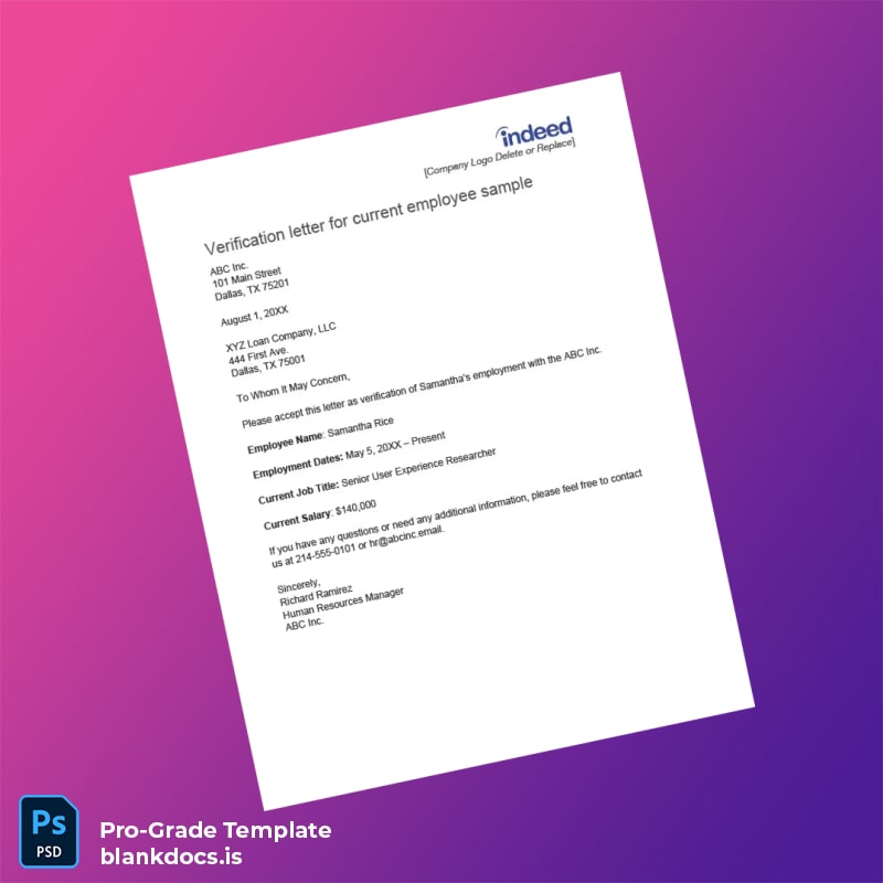 Blank Indeed Employment Verification Letter Template in Word and PDF formats page 2 Document Preview - BlankDocs