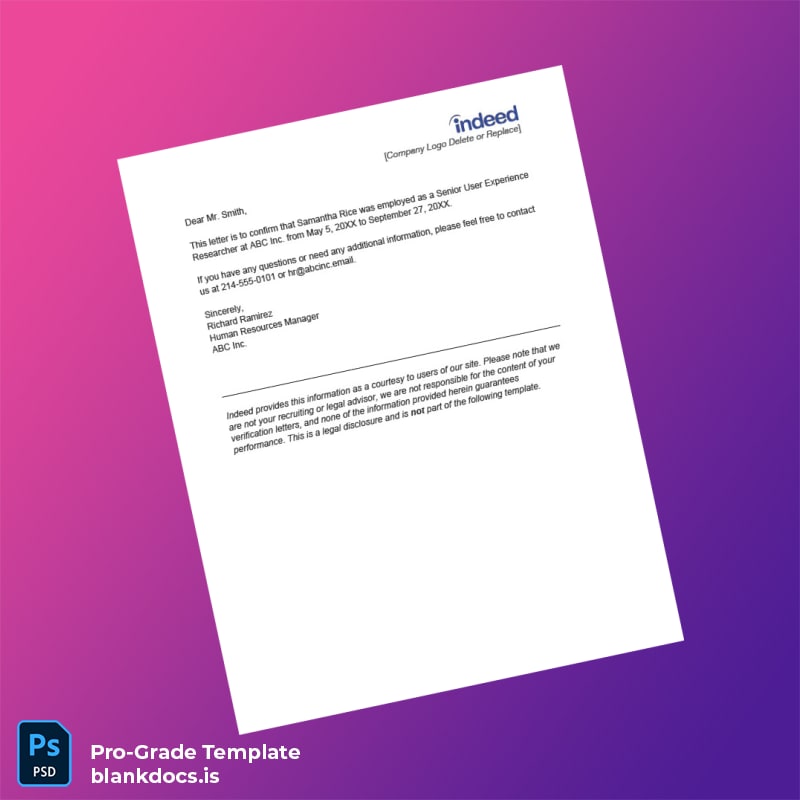 Blank Indeed Employment Verification Letter Template in Word and PDF formats page 4 Document Preview - BlankDocs