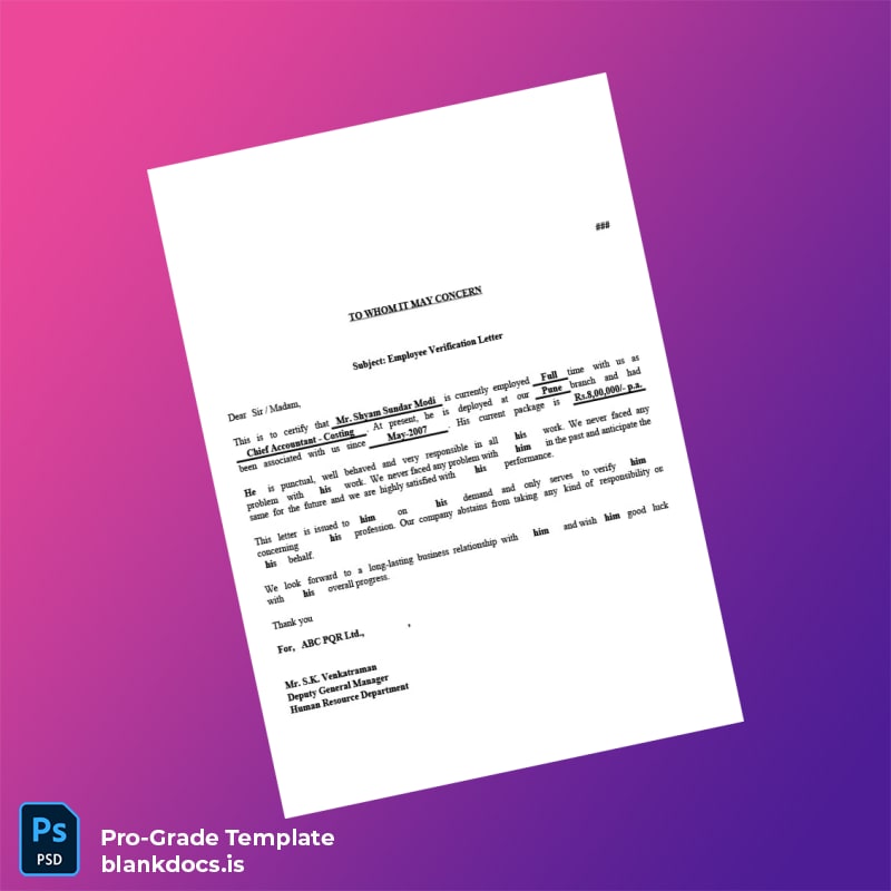 Blank India ABC PQR Ltd Employment Verification Letter Template in Word and PDF formats page 4 Document Preview - BlankDocs