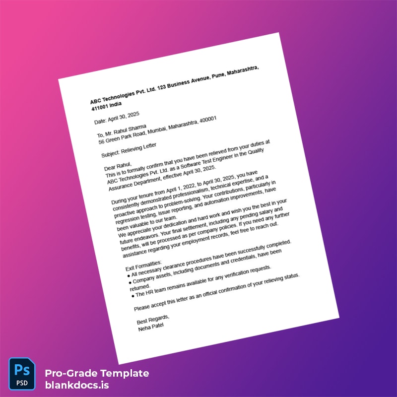 Blank India ABC Technologies Pvt Ltd Employment Verification Letter Template (Word/PDF) Document Preview - BlankDocs