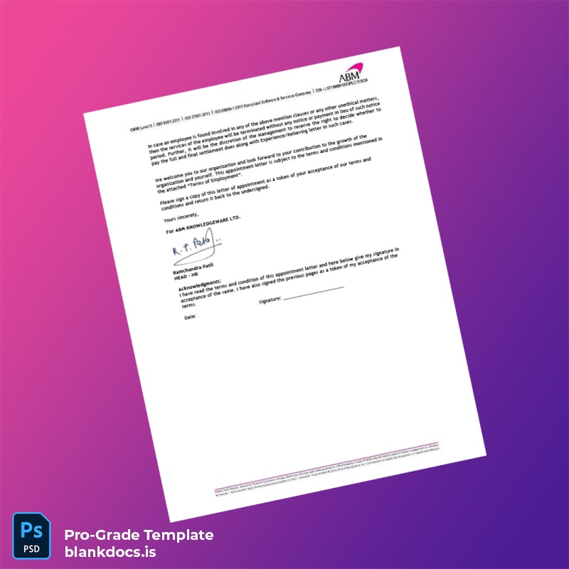 Blank India ABM Knowledgeware Ltd Employment Verification Letter Template in Word and PDF formats page 4 Document Preview - BlankDocs