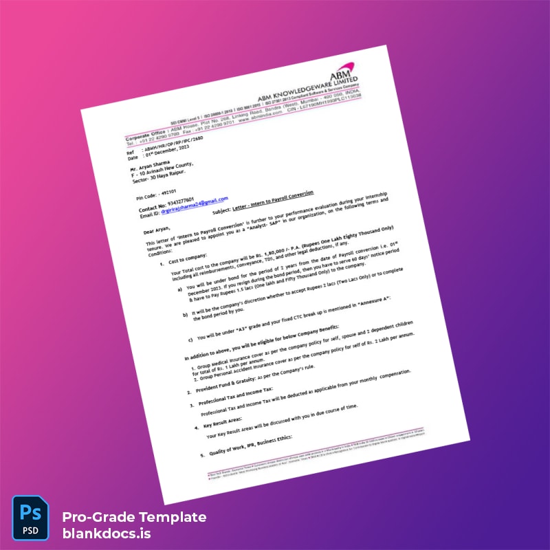 Blank India ABM Knowledgeware Ltd Employment Verification Letter Template (Word/PDF) Document Preview - BlankDocs