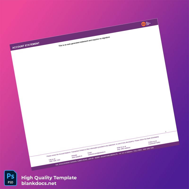 India AU Bank Statement Template in Word and PDF formats page 2