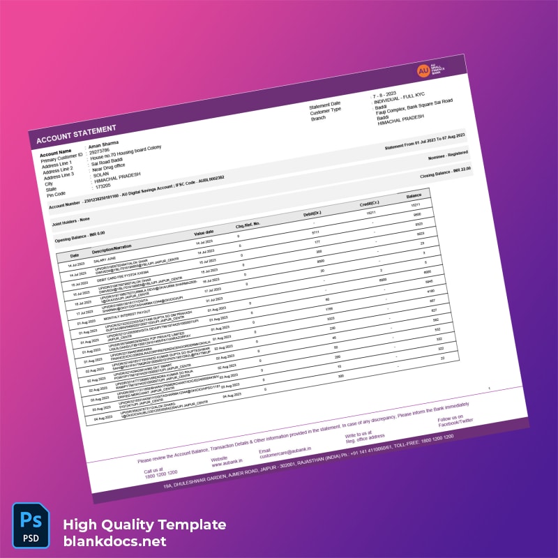 India AU Bank Statement Template in Word and PDF formats
