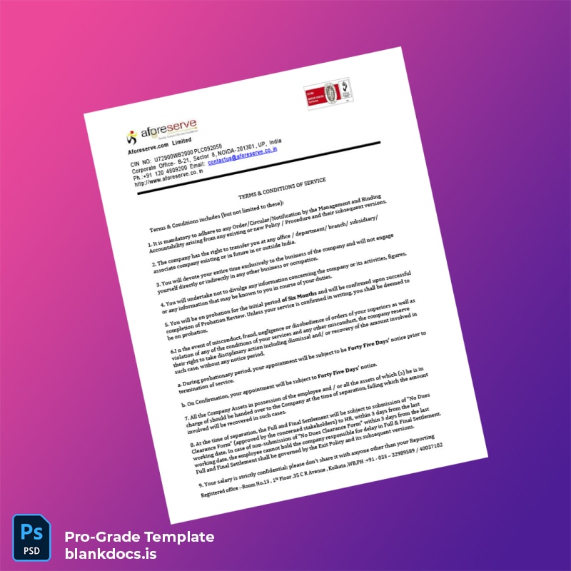 Blank India Aforeserve com Limited Employment Verification Letter Template in Word and PDF formats page 3 Document Preview - BlankDocs