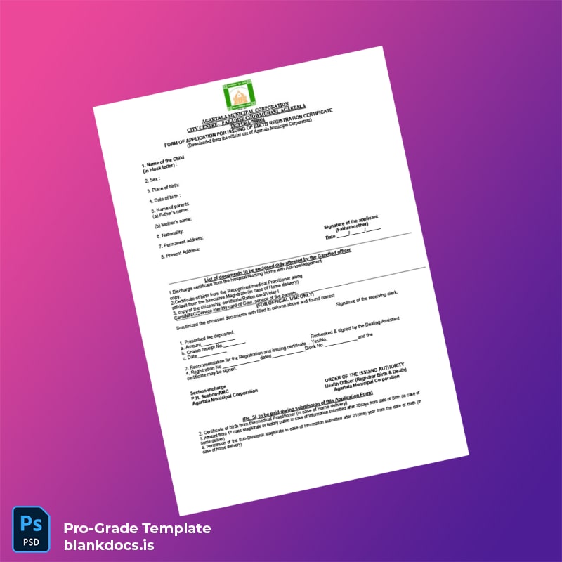 Blank India Agartala Municipal Corporation Birth Registration Certificate Template (Word/PDF) Document Preview - BlankDocs