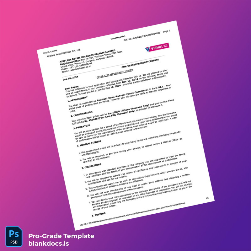 Blank India Airplaza Retail Holdings Pvt Ltd Appointment Letter Template in Word and PDF formats page 2 Document Preview - BlankDocs