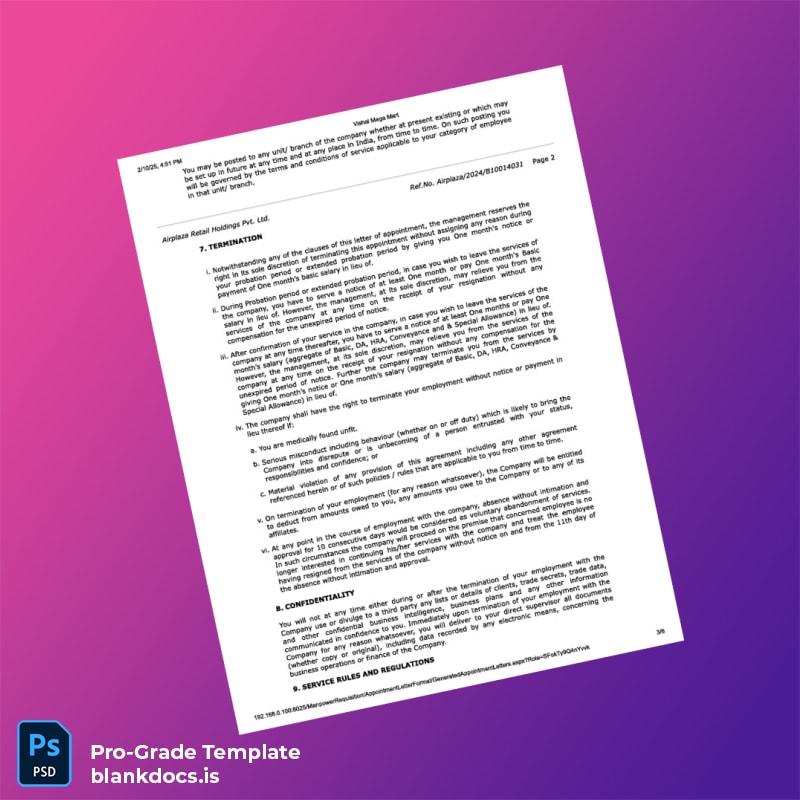 Blank India Airplaza Retail Holdings Pvt Ltd Appointment Letter Template in Word and PDF formats page 3 Document Preview - BlankDocs