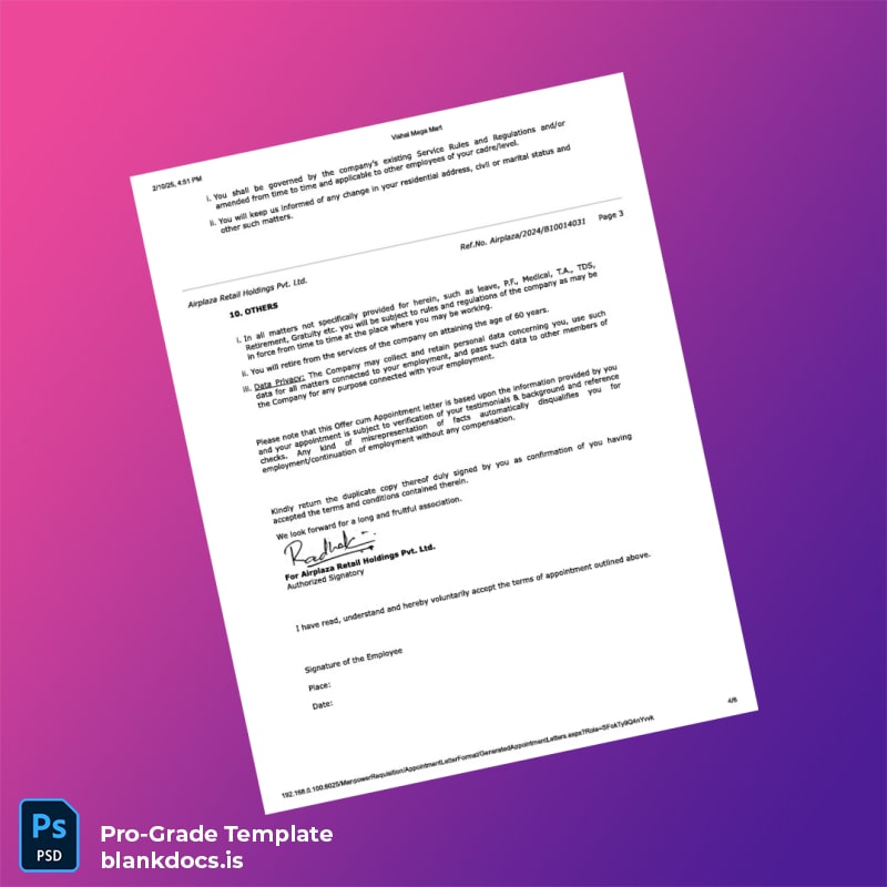 Blank India Airplaza Retail Holdings Pvt Ltd Appointment Letter Template in Word and PDF formats page 4 Document Preview - BlankDocs