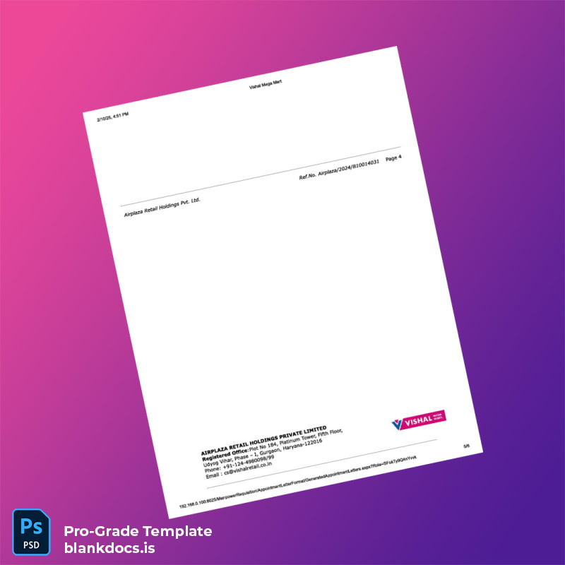 Blank India Airplaza Retail Holdings Pvt Ltd Appointment Letter Template in Word and PDF formats page 5 Document Preview - BlankDocs