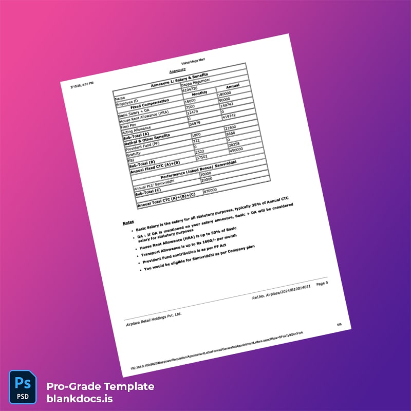 Blank India Airplaza Retail Holdings Pvt Ltd Appointment Letter Template in Word and PDF formats page 6 Document Preview - BlankDocs