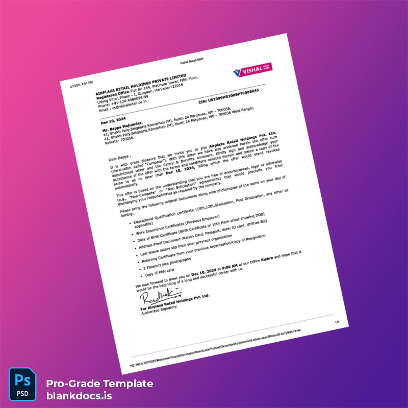 Blank India Airplaza Retail Holdings Pvt Ltd Appointment Letter Template (Word/PDF) Document Preview - BlankDocs