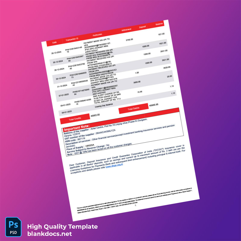 India Airtel Bank Statement Template in Word and PDF formats page 5