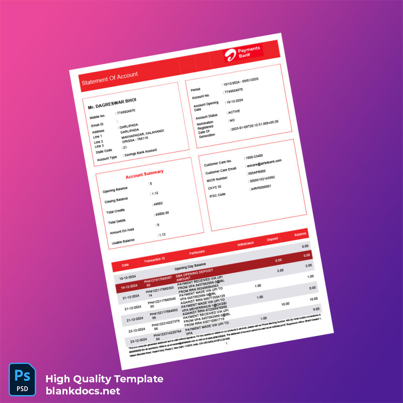 India Airtel Bank Statement Template in Word and PDF formats