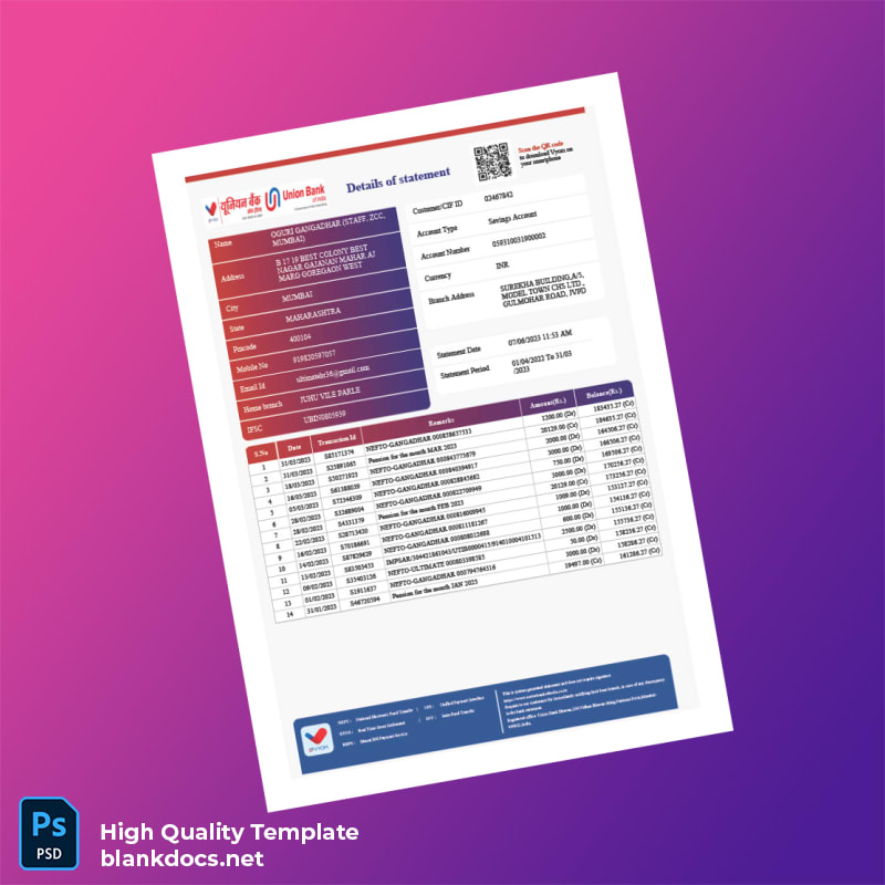 India Andhra Bank Statement Template in Word and PDF formats