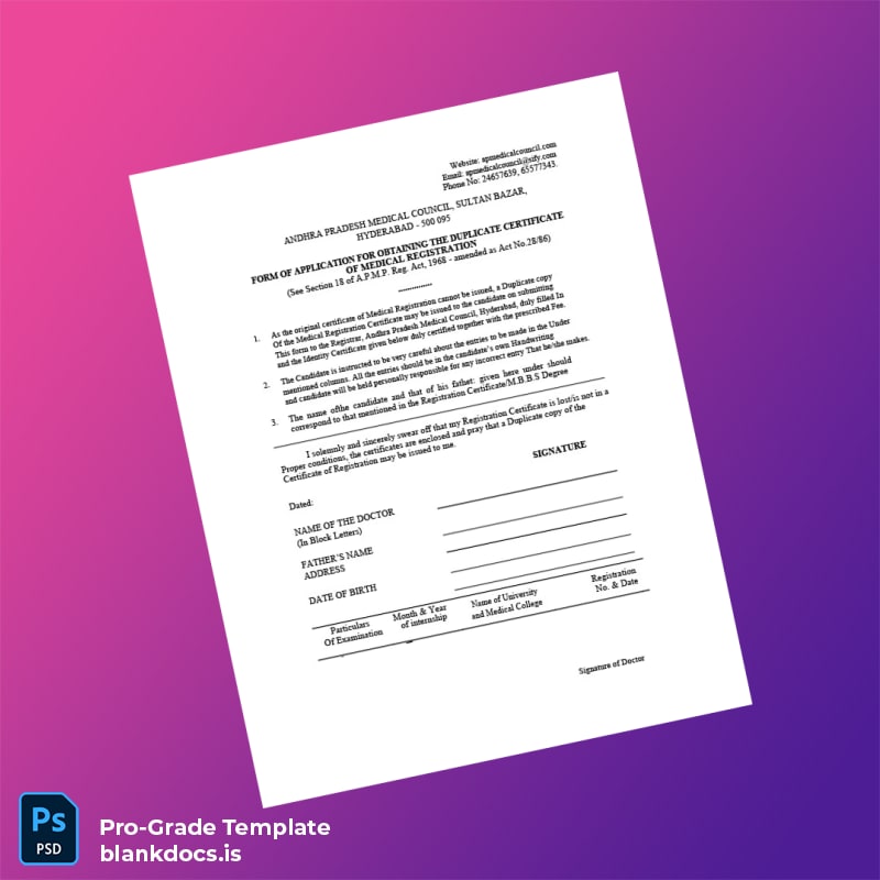 Blank India Andhra Pradesh Medical Council Duplicate Medical Registration Certificate Template (Word/PDF) Document Preview - BlankDocs