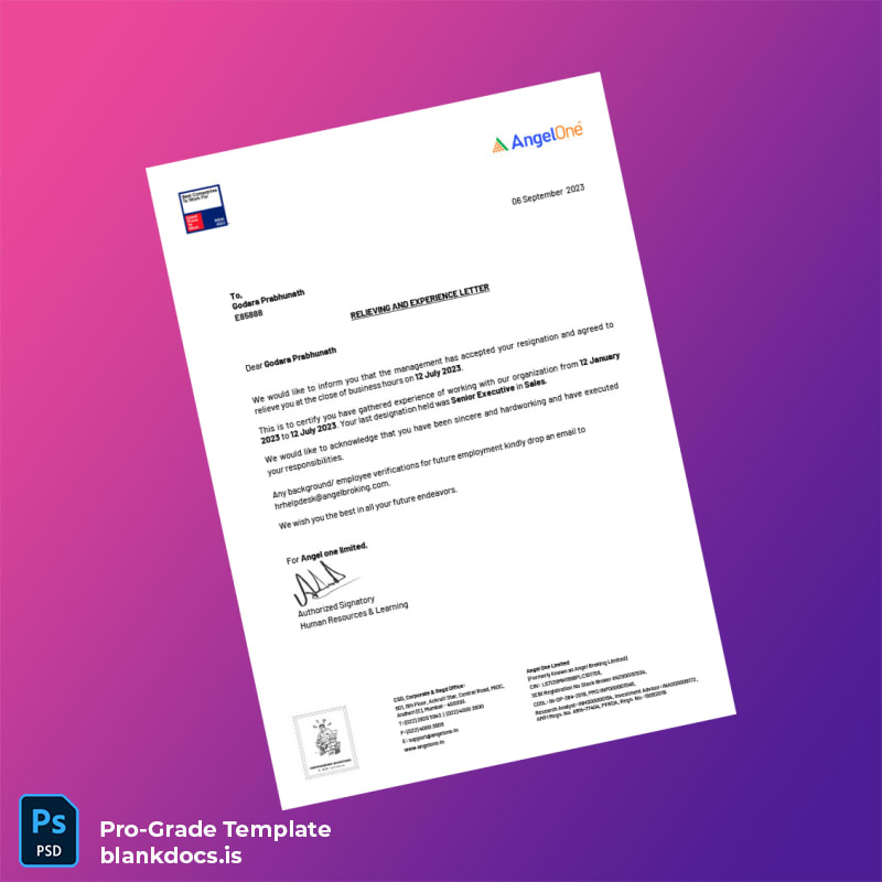Blank India Angel One Limited Relieving and Experience Letter Template (Word/PDF) Document Preview - BlankDocs