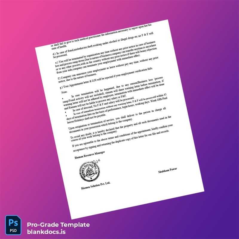 Blank India Appointment Letter Template in Word and PDF formats page 3 Document Preview - BlankDocs