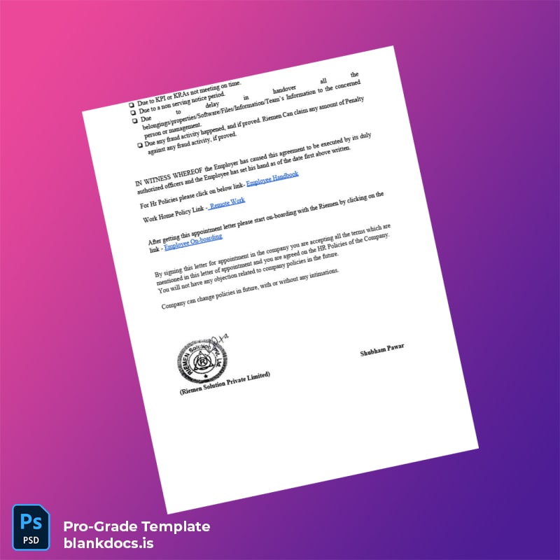 Blank India Appointment Letter Template in Word and PDF formats page 6 Document Preview - BlankDocs