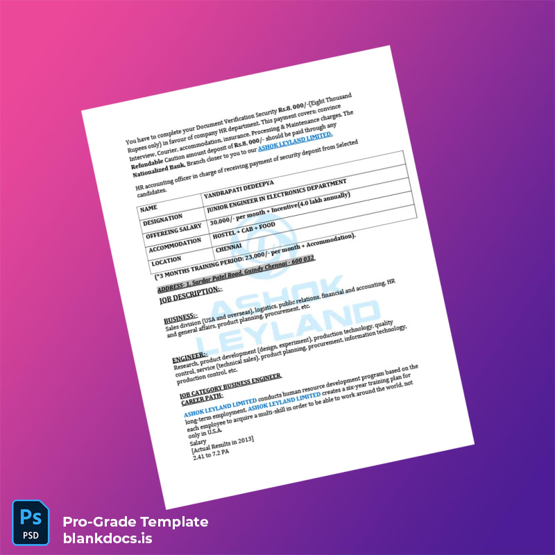 Blank India Ashok Leyland Limited Employment Confirmation Letter Template in Word and PDF formats page 2 Document Preview - BlankDocs