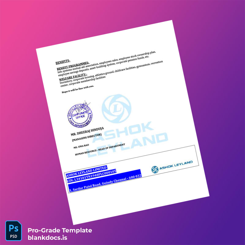 Blank India Ashok Leyland Limited Employment Confirmation Letter Template in Word and PDF formats page 3 Document Preview - BlankDocs