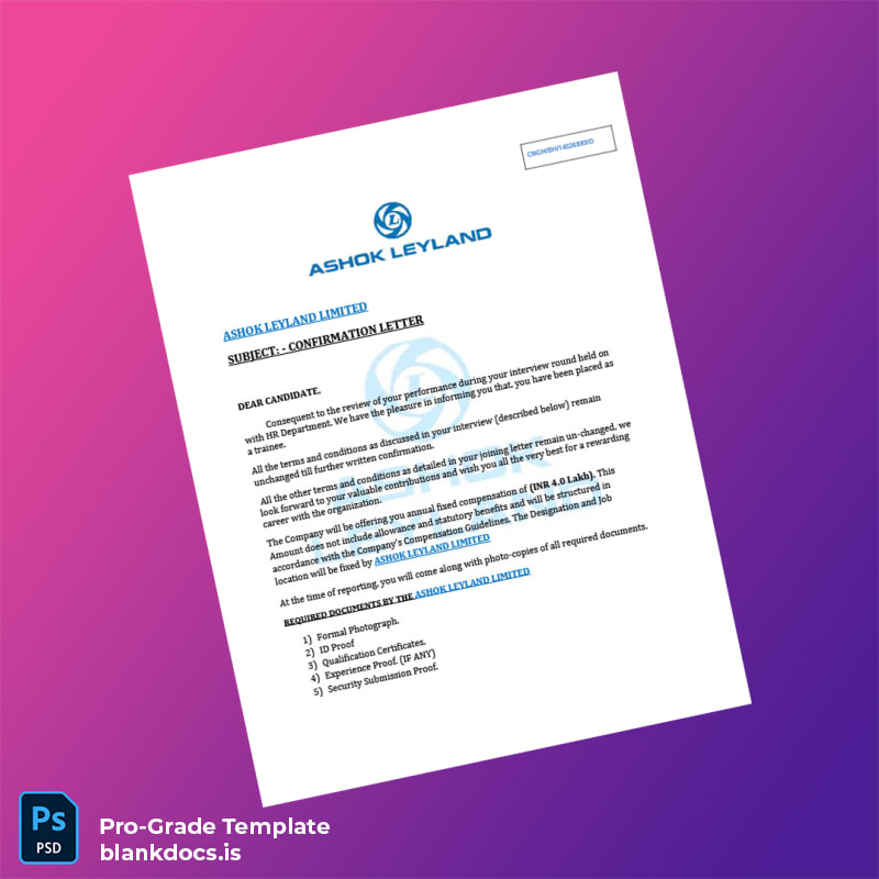 Blank India Ashok Leyland Limited Employment Confirmation Letter Template (Word/PDF) Document Preview - BlankDocs